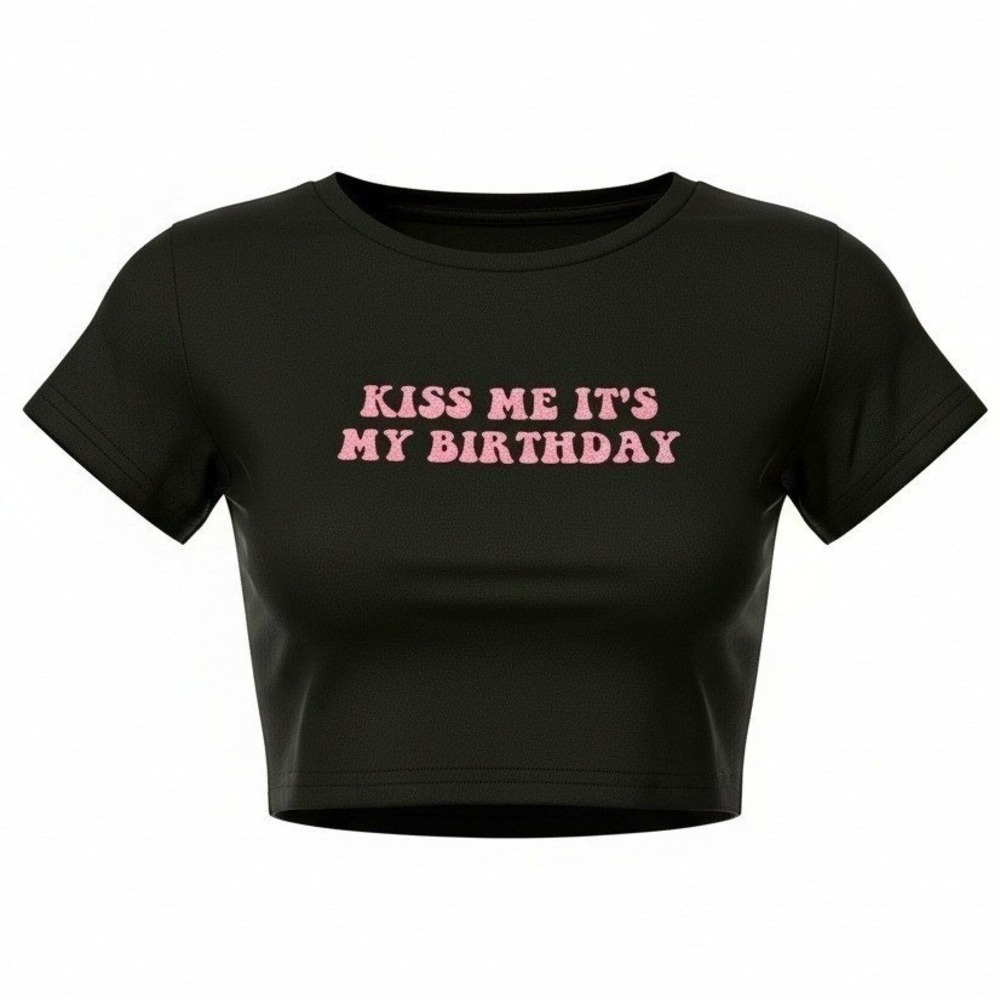 New Medium "Kiss Me, It's My Birthday" Baby Crop Tee Black Y2k Top Goth Grunge
